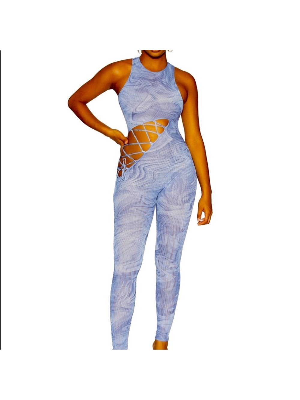 Naked Wardrobe sleeveless  mesh lace-up Cutout Jumpsuit in Light Blue